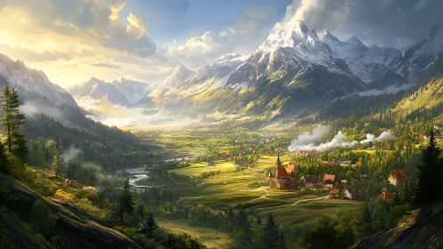 Sunlit alpine valley cradles serene village and river.