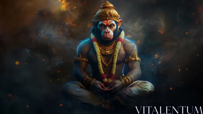 Regal monkey deity sits calmly in glowing, smoky light