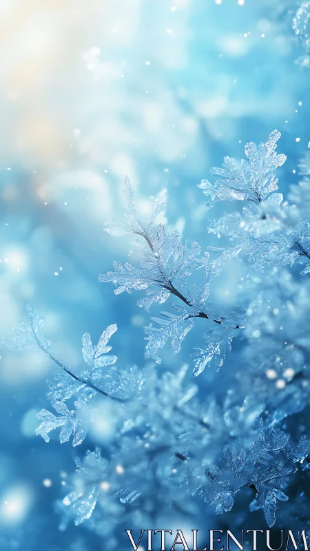 Macro ice crystals on winter branch with soft bokeh glow