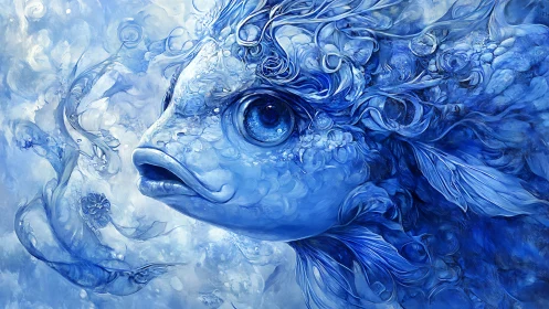 Surreal blue fish portrait with swirling aquatic forms.