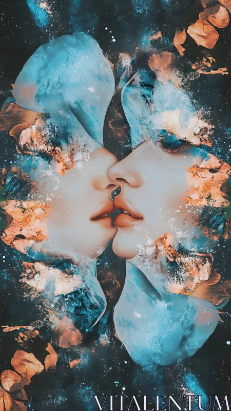 Mirrored cosmic kiss merges faces with abstract nebulae.