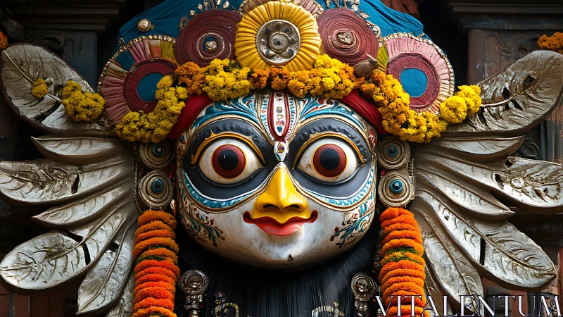 Vibrant ceremonial deity mask with marigold floral garlands.