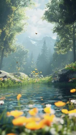 Mountain stream, wildflowers, and forest under daylight.