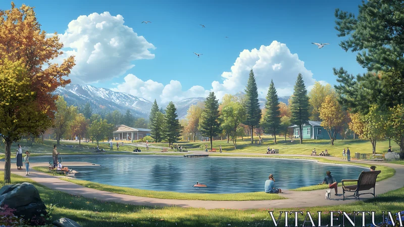 Sunlit mountain park lake welcomes relaxed weekend visitors