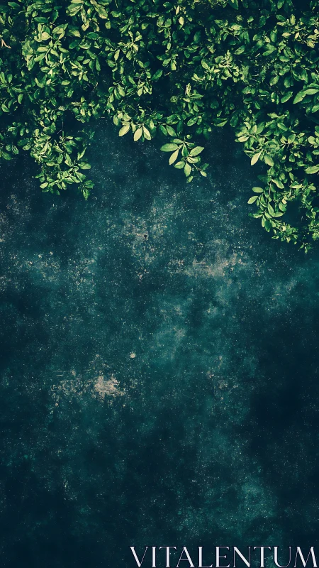 Dense foliage canopy contrasts against textured dark teal ground