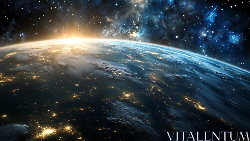 Earth horizon sunrise over city lights and starfield vista.
