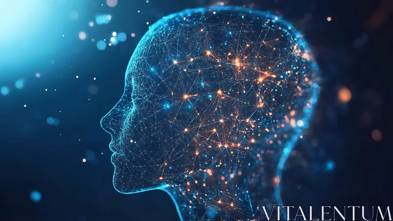 Neural light network within translucent human head silhouette.