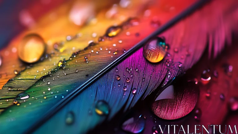 Rainbow feathers glow softly beneath sparkling water drops