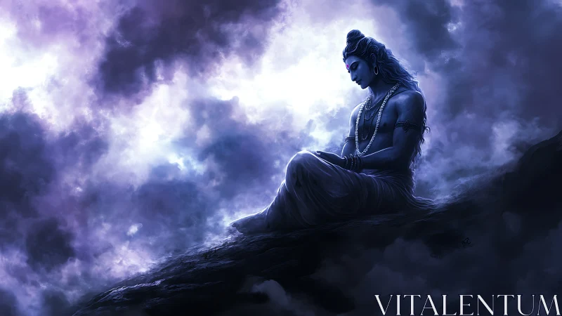 Meditative blue deity seated on rocky ledge in stormy light.
