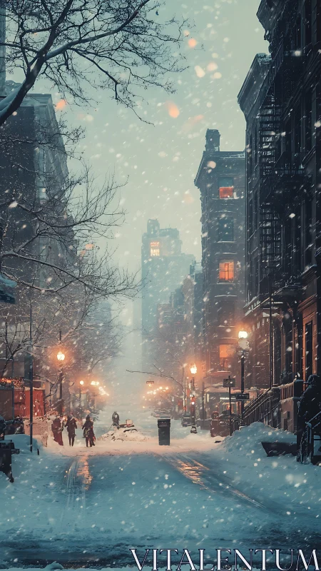 Urban canyon in heavy snowfall with atmospheric depth cues.