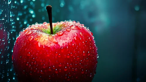 Single wet red apple is shown in close-up against dark background