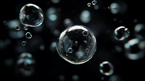 Glistening soap bubbles drift gently through soft darkness