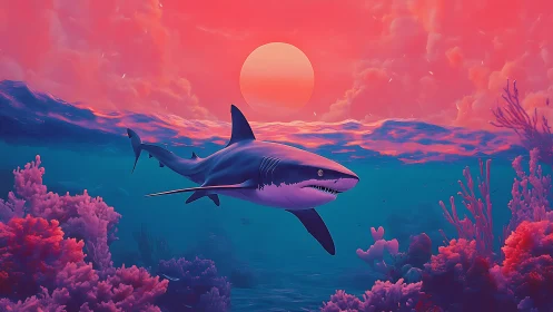 Sunset hunter glides through neon coral dreamscape waters.