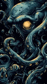 Tentacled cephalopod entity dominates dark vertical frame