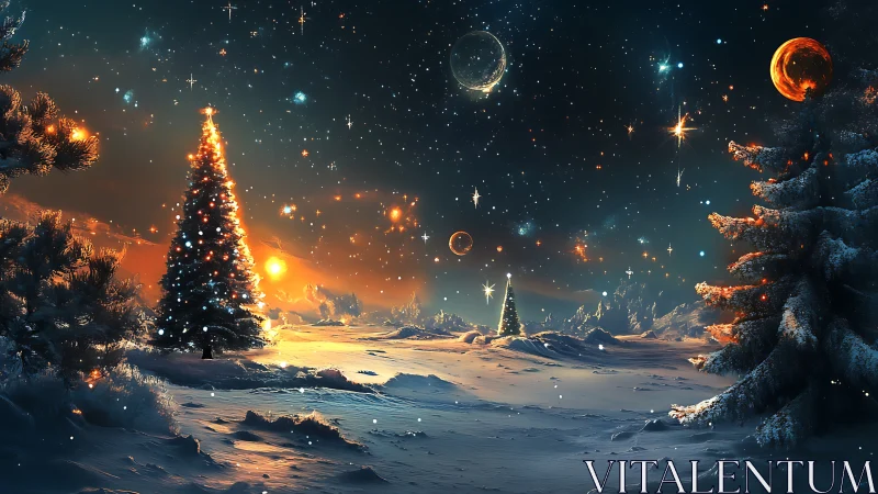 Snowy night landscape with lit trees and glowing sky.