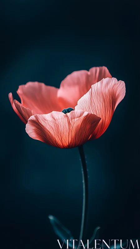 Coral poppy bloom positioned against deep teal background