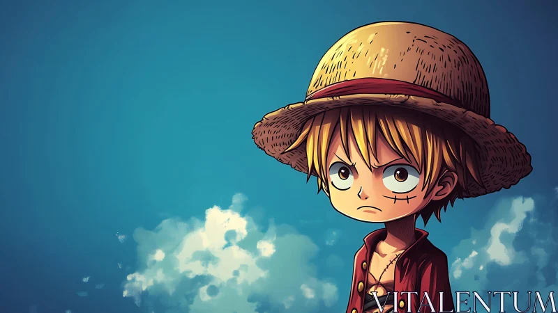 Cartoon boy in straw hat stands against blue sky background