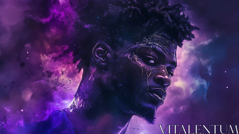 Starglow portrait of a cosmic dreamer in violet clouds.