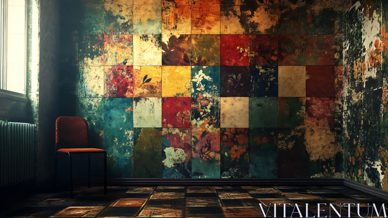 Vintage chair against distressed abstract patchwork mural
