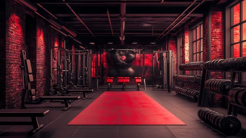 Moody red-lit industrial gym interior invites intense training