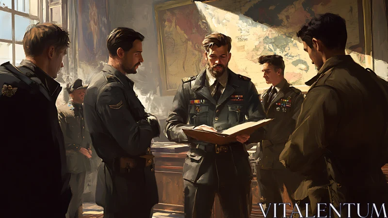 War room sunlight and solemn officers over open orders.