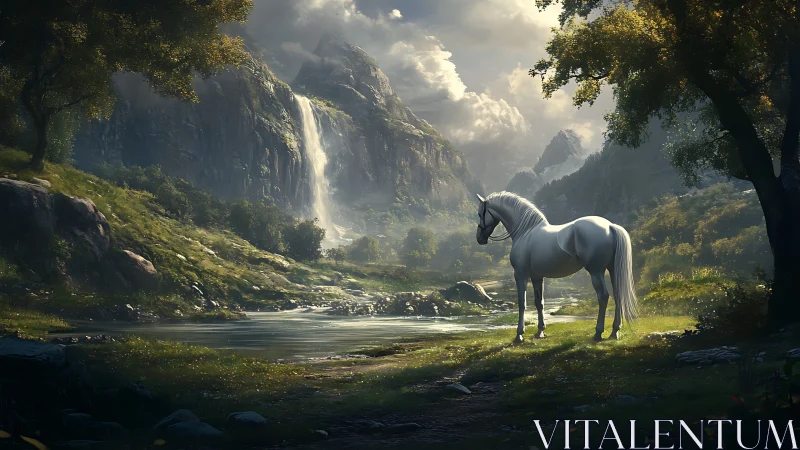 Fantasy digital landscape with white unicorn and waterfall scene.