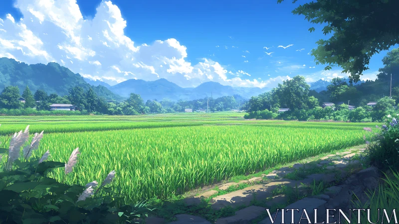 Lush summer rice fields rest beneath towering blue mountains