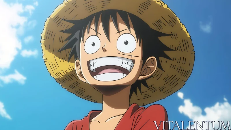 Straw hat anime boy in low angle close up under blue sky