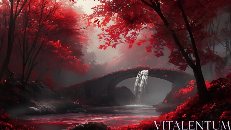 Scarlet forest bridge cradles a gentle waterfall’s glow