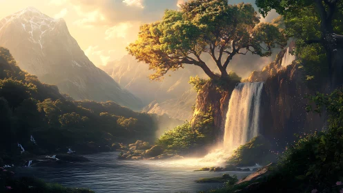 Sunlit mountain waterfall flows beside dense forest river