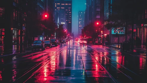 Rain-soaked neon city street with reflective tram tracks at night