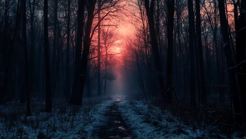 Winter forest path at sunrise with bare trees and snow cover