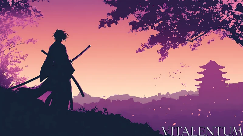 Samurai silhouette stands under cherry tree at sunset