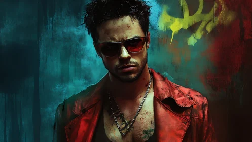 Male figure in red jacket before teal graffiti wall.