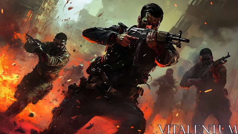 Frontline assault in burning warzone, dynamic battle scene.