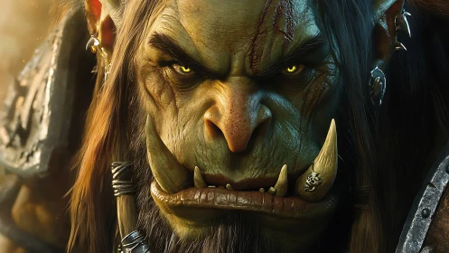 Battle-scarred orc warlord in cinematic fantasy close-up.