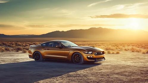 Metallic gold sports coupe in arid desert at sunset, side view
