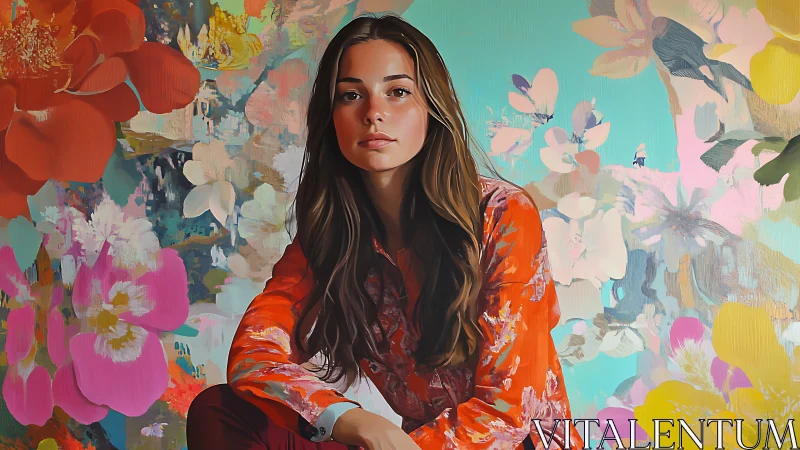 Young woman sits calmly before a vibrant floral mural backdrop