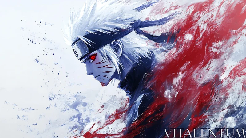Fierce white haired warrior wrapped in swirling red energy.