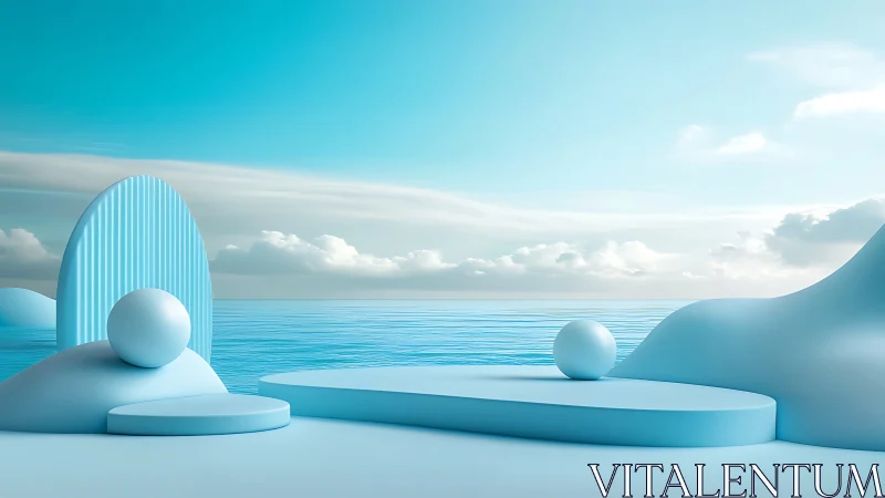 Minimalist blue seascape blends abstract forms and calm water.