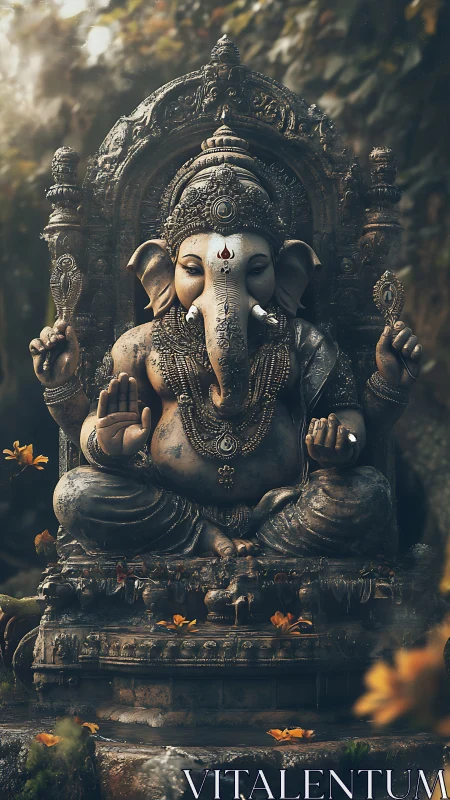 Serene Ganesha statue rests in a misty forest shrine