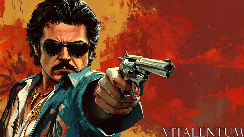 Bold sunglasses and a steel stare in fiery painted drama.