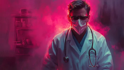 Medical professional in mask against diffuse pink haze.