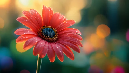 Red Gerbera Daisy with Dewdrops Against Blurred Garden