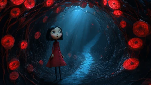 Young girl explores bioluminescent tunnel with uncanny red orbs