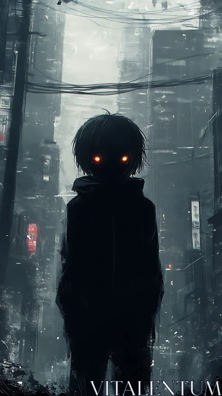 Dark city alley silhouette with glowing red eyes figure.