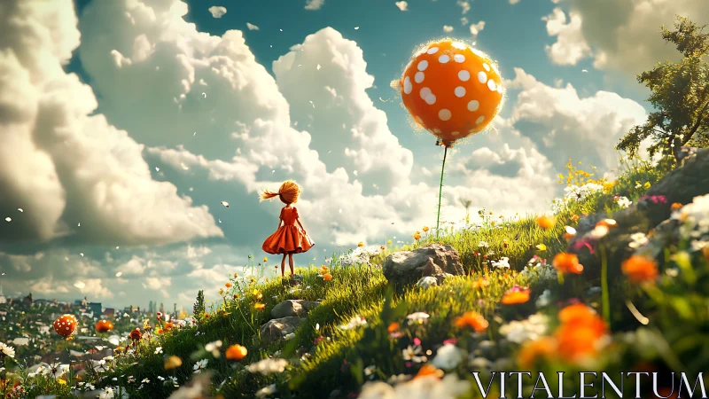 Girl stands on bright hillside facing large spotted balloon