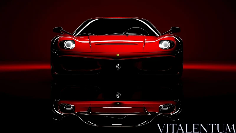Red sports car front view on dark reflective background.