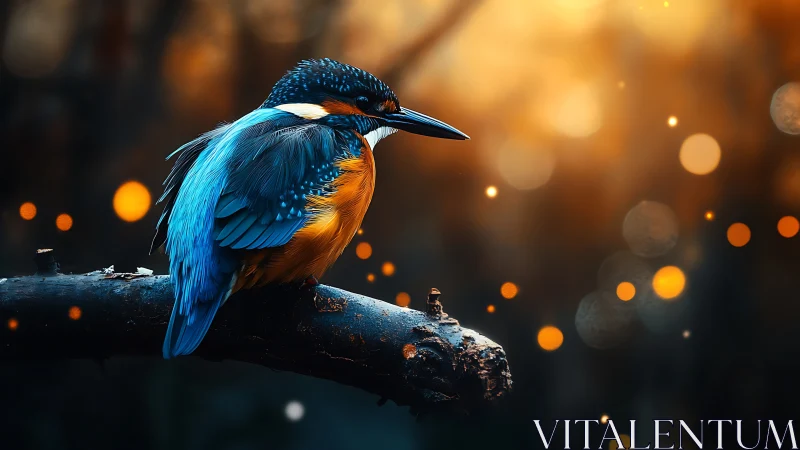 Vibrant kingfisher perched on branch at sunset with bokeh lights.