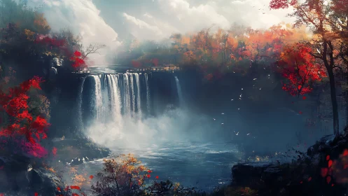 Autumnal river gorge waterfall with mist and luminous foliage